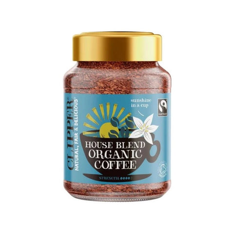 Jar of Cliffton House Blend Organic Coffee with a blue label on a white background