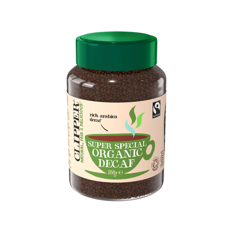Jar of Clipper Super Special Organic Decaf coffee on a white background