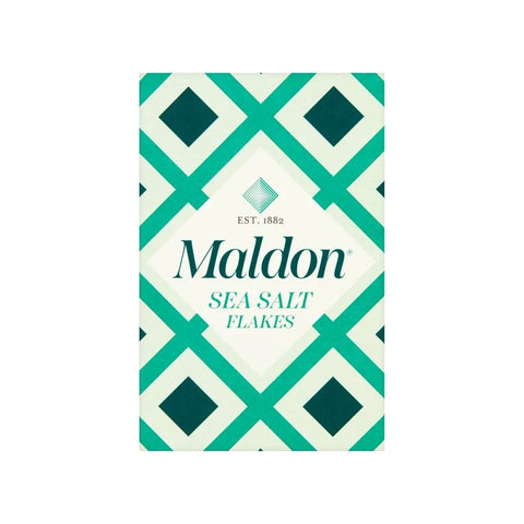 Maldon sea salt flakes packaging with geometric design on a white background