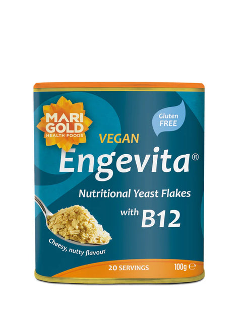 Can of Engevita Nutritional Yeast Flakes with B12 on a white background