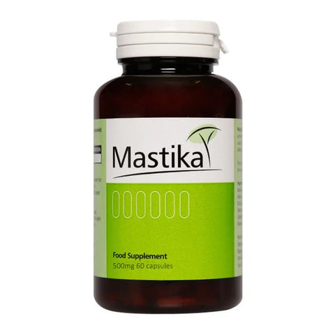 Mastika food supplement bottle with green label on a white background
