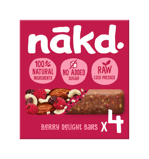 Nakd berry delight bars packaging with ingredients and branding