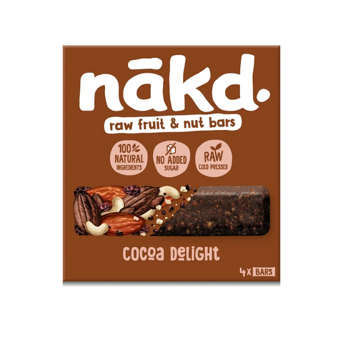 Box of nakd raw fruit and nut bars with cocoa delight flavor on a white background