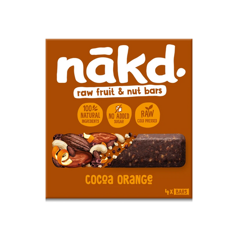 Box of nakd raw fruit and nut bars with cocoa orange flavor on a white background