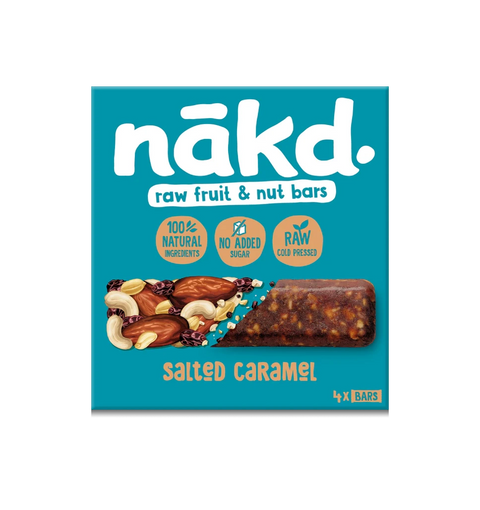 Nakd raw fruit and nut bars packaging with a salted caramel flavor on a blue background