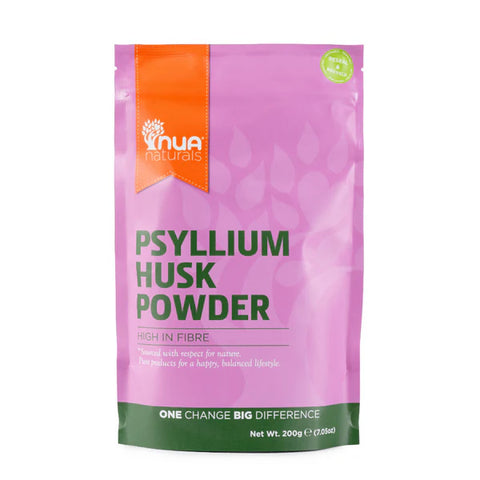 Purple package of NUA Psyllium Husk Powder on a white background