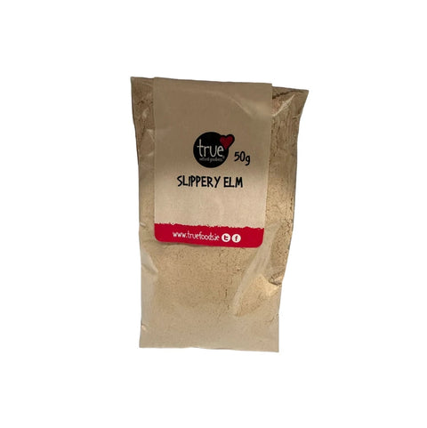 Kraft paper bag with 'true' branding and 'Slippery Elm' text on a white background