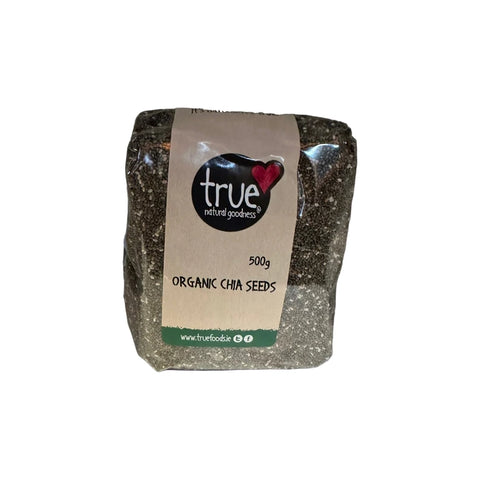 Bag of organic chia seeds with 'true foodie' label on a white background