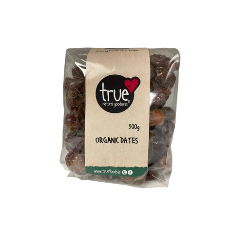 Bag of organic dates with 'true' brand label on a white background