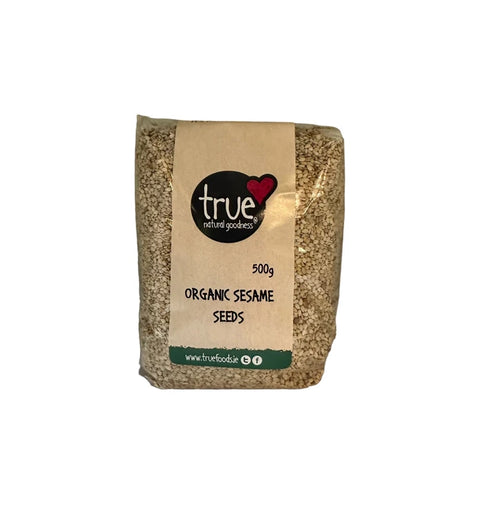 Bag of organic sesame seeds with 'true' brand on a white background