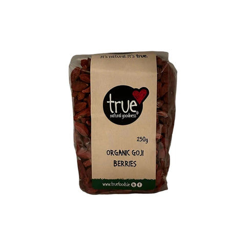 Bag of organic goji berries with 'true' brand label on a white background