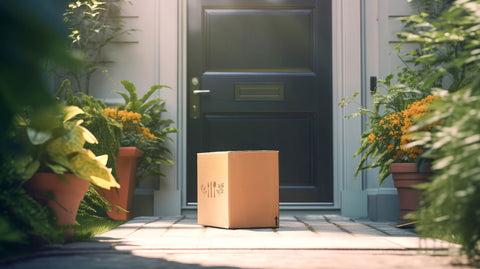 The Better Market cardboard box on a doorstep with plants around